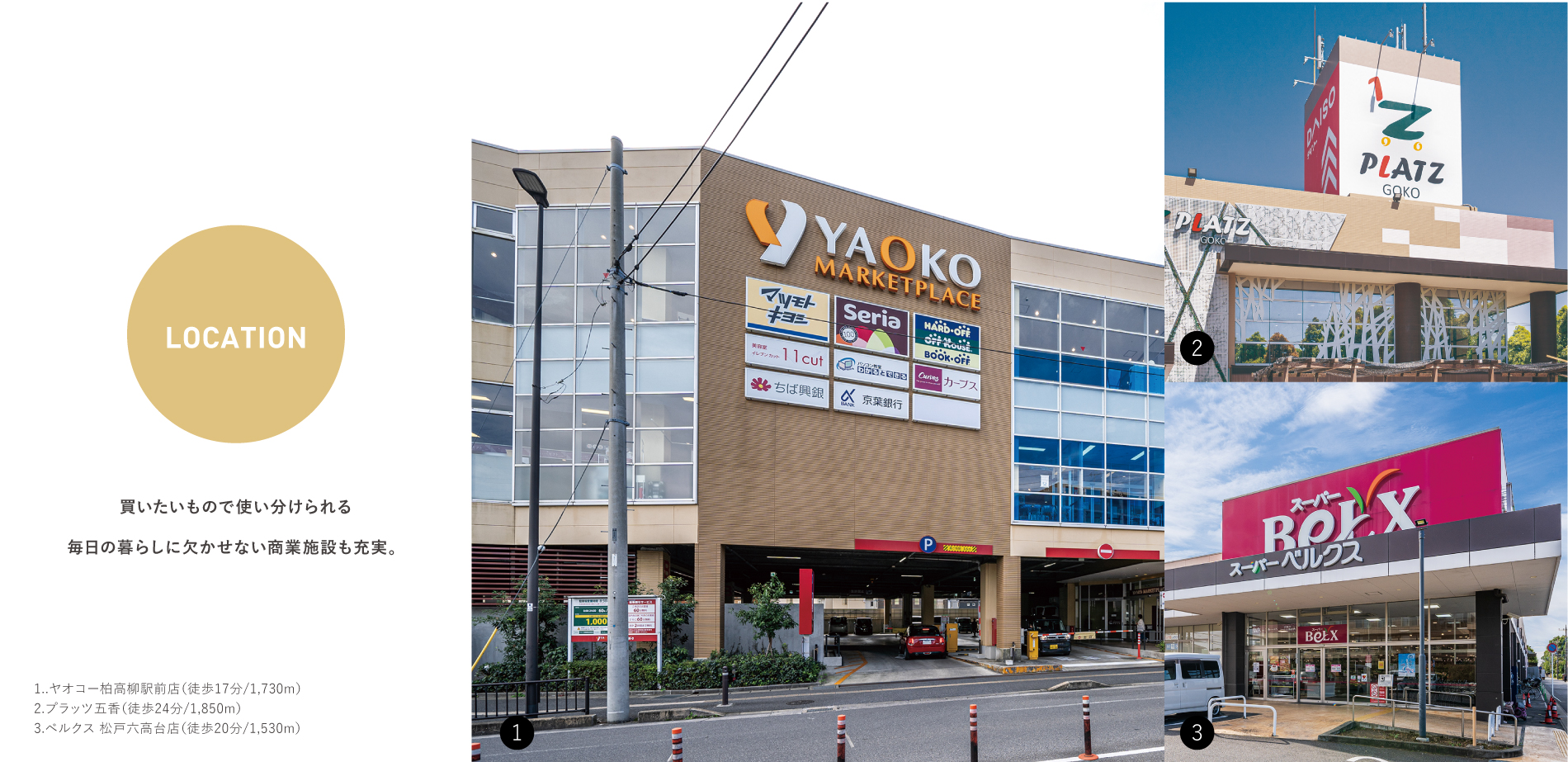 分数・距離はすべて現地からのものです。徒歩での分数は80m=1分での換算です。※各施設までの徒歩所要時間(距離)は、「最も遠い号棟を起点」に計測しております。