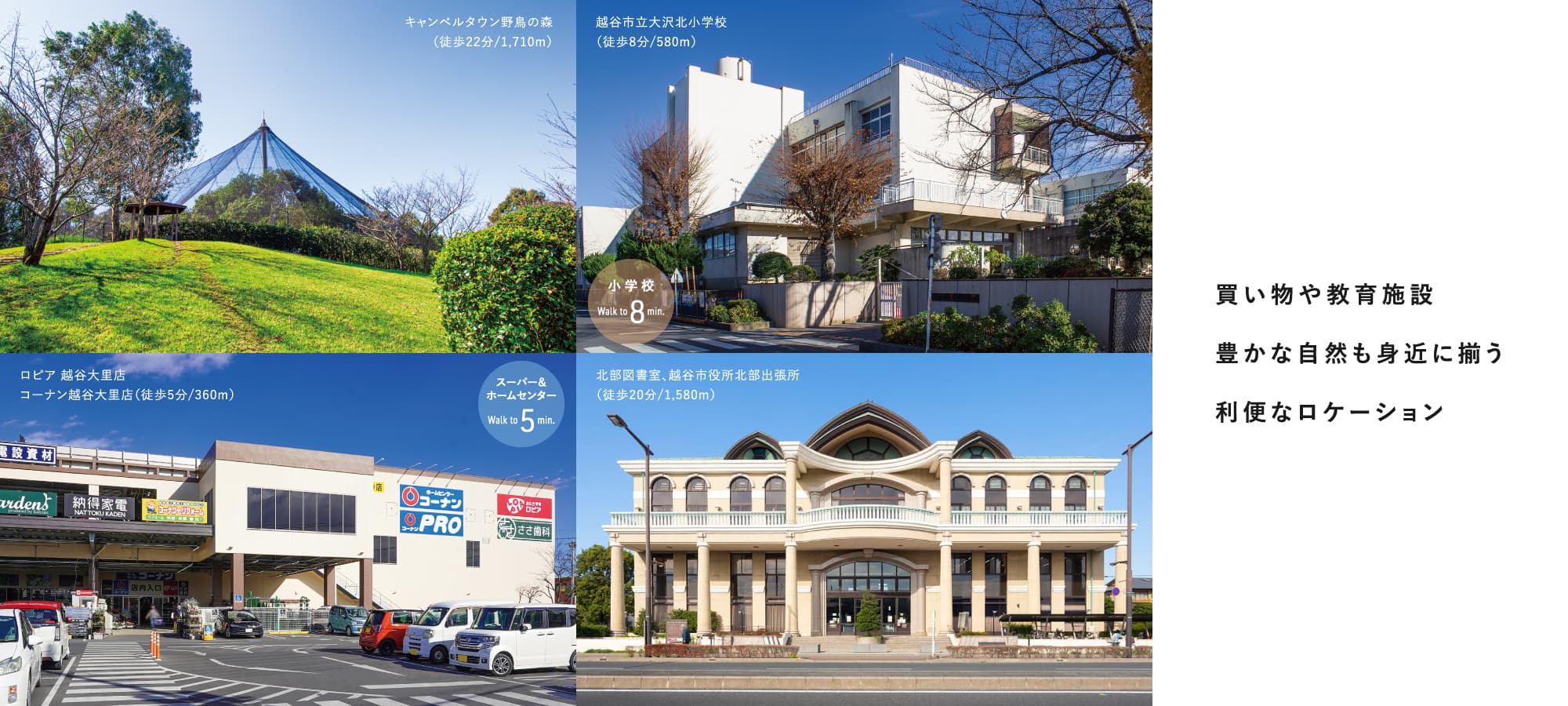 ※各施設までの徒歩所要時間(距離)は、「最も遠い号棟を起点」に計測しております。