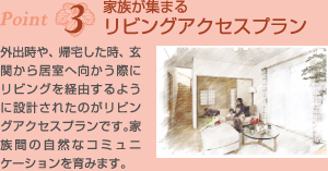 Point3家族が集まるリビングアクセスプラン　外出時や、帰宅した時、玄関から居室へ向かう際にリビングを経由するように設計されたのがリビングアクセスプランです。家族間の自然なコミュニケーションを育みます。
