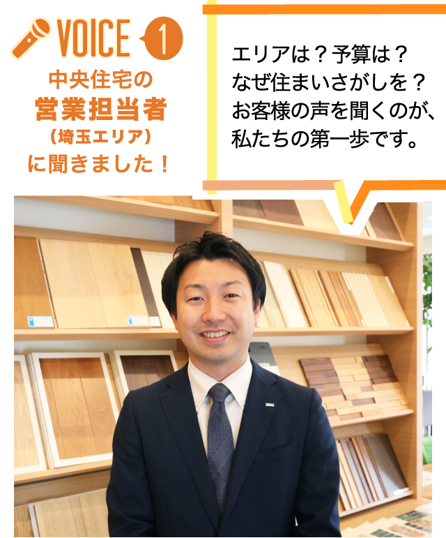 中央住宅の営業担当者（埼玉エリア）に聞きました！エリアは?予算は?
なぜ住まいさがしを?お客様の声を聞くのが、私たちの第一歩です。